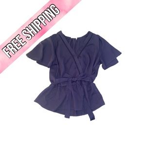 Sienna Sky mock wrap blouse w/ elastic waist & decorative waist tie - navy blue